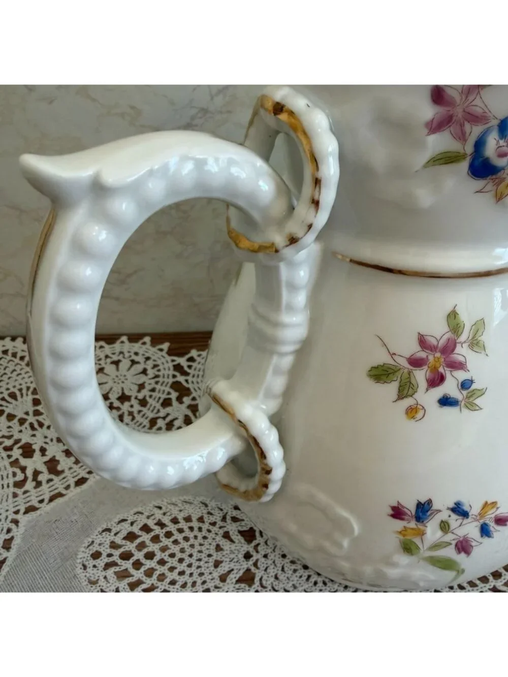 Antique Victorian Ironstone Chocolate Pot Lidded Coffee Server Floral Gold 10.5